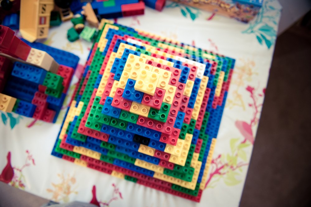 A large building-block creation on the craft table