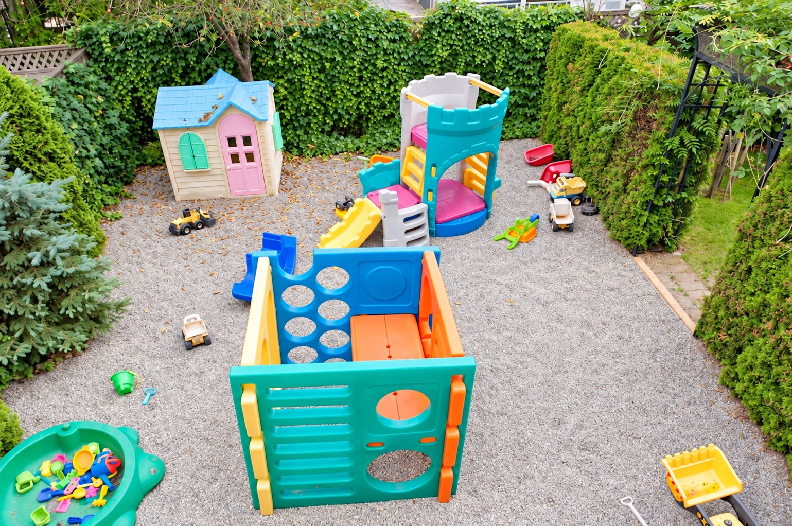 Colourful climbing structures in the backyard